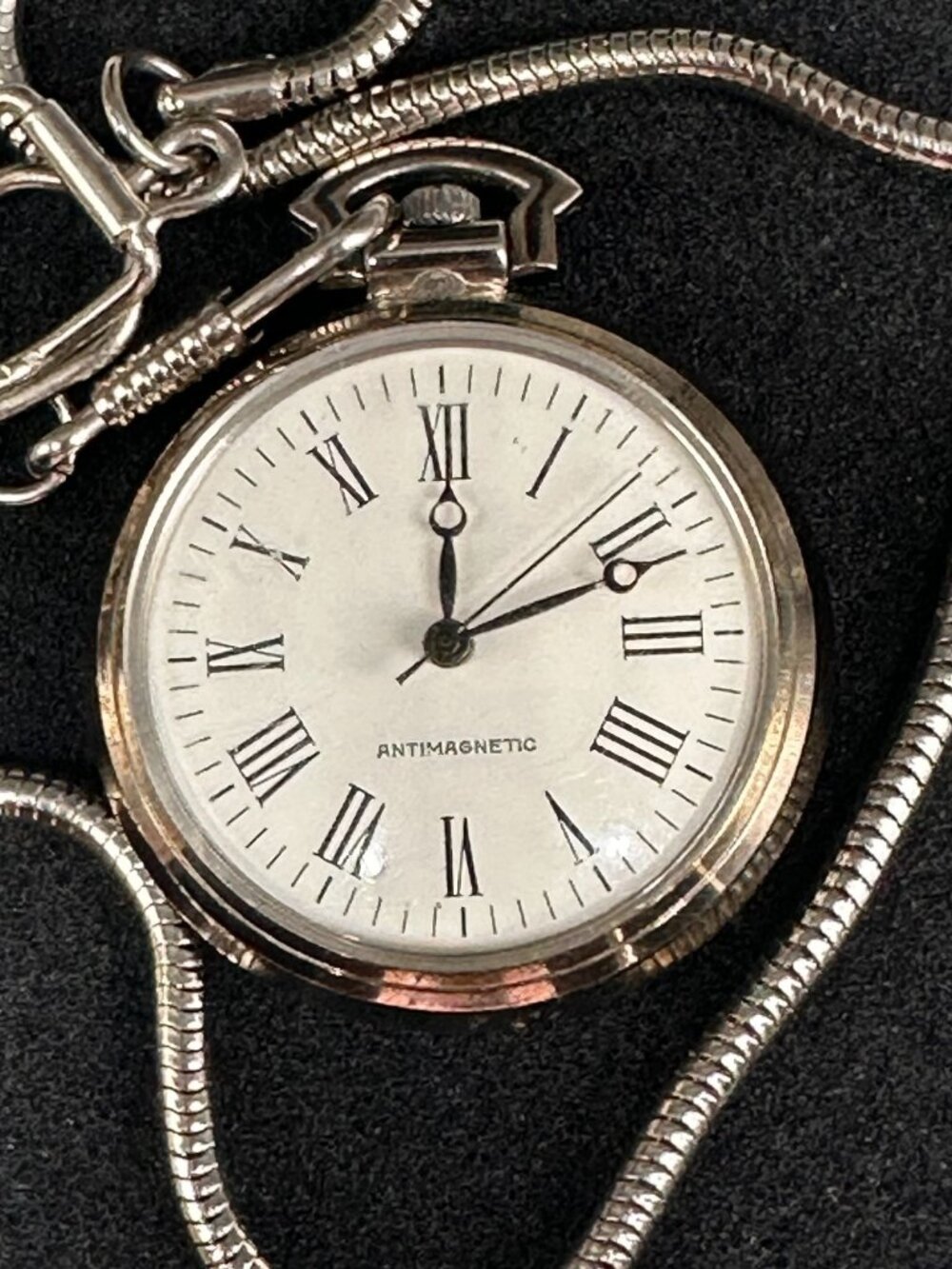 Vintage Antimagnetic Pocket Watch Silver Tone Open Face Roman Dial Snake Chain